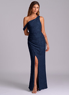 Azazie Madelyn At-home Try On Dresses Dark Navy Mermaid One Shoulder Floral Burnout Convertible Dress image4