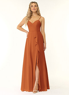 Azazie Naeem Bridesmaid Dresses Cinnamon A-Line V-Neck Ruffle Chiffon Dress image1