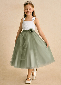 Azazie Bonny Abiti da Ragazza di Fiori Abito Principessa in Tulle Plissettato Avorio Pistacchio image6