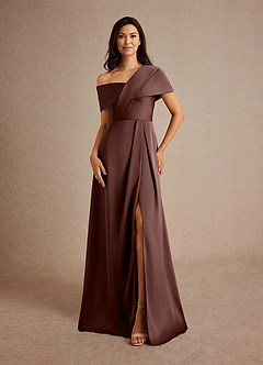 Azazie Milton Vestidos para mãe da noiva Vestido Café Expresso de Cetim elástico de Linha A com Plissado image5