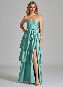 Azazie Faye Bridesmaid Dresses Aqua A-Line Ruched Stretch Satin Dress image3