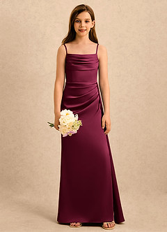 Azazie Shyla Girls Formal Abiti da Ragazza di Fiori Abito Tubino in Raso Elasticizzato Plissettato Borgogna image4