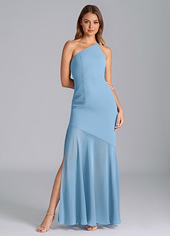 Azazie Tilla Jurken voor bruidsmeisjes Jurk van Chiffon met Zeemeermin One-Shoulder Staal Blauw image3
