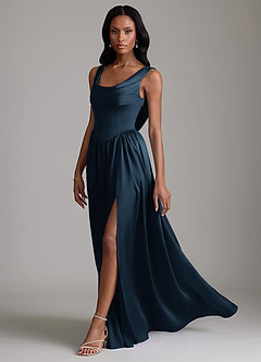 Azazie Novi Bridesmaid Dresses Dark Navy A-Line with Pockets Stretch Satin Dress image6