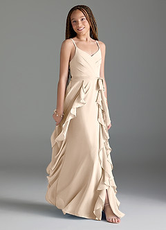 Azazie Peyton Junior White Alabaster A-Line V-Neck Cascading Ruffles Chiffon Dress image3