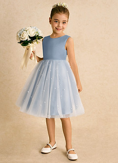 Azazie Esme Blumenmädchenkleider Ballkleid Schleifen Tüll Kleid Staubblau image2
