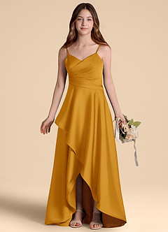 Azazie Prisha Junior Butterscotch A-Line Pleated Stretch Satin Dress image7
