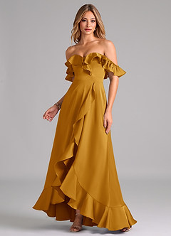Azazie Lyra Bridesmaid Dresses Butterscotch A-Line Off the Shoulder Stretch Satin Convertible Dress image1
