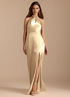 Azazie Tracie Bridesmaid Dresses Gold A-Line Pleated Metallic Satin Dress image6