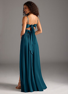 Azazie Zeya Robes de demoiselle d'honneur Robe Trapèze en Satin extensible Plissée Bleu Encre image1
