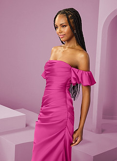 Barbie ♥ Azazie Bridesmaid Dresses Fuchsia Sheath Off the Shoulder Stretch Satin Convertible Dress image5