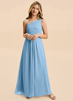 Azazie Emmie Junior Steel Blue A-Line Pleated Chiffon Dress image3