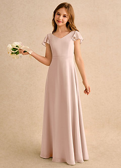 Azazie Nari Girls Formal Flower Girl Dresses English Rose A-Line with Sleeves Chiffon Dress image1