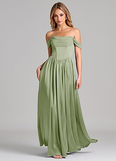 Azazie Raisa Bridesmaid Dresses Dusty Sage A-Line Off the Shoulder Stretch Satin Dress image3