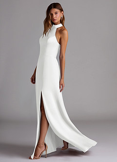 Azazie Myra Brautjungfernkleider A-Linie Hoher Kragen Stretch-Satin Kleid Weiß image5