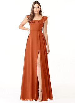 Azazie Jinny Robes de demoiselle d'honneur Robe Trapèze en Mousseline de soie Encolure carrée froncée Orange Brûlée image1