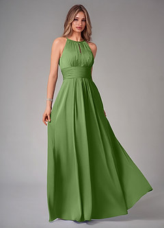 Azazie Bonnie Bridesmaid Dresses Basil A-Line Pleated Stretch Satin Dress image1