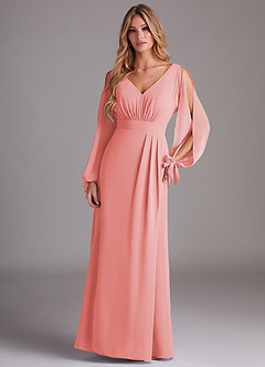 Azazie Matilda Brautjungfernkleider A-Linie Langarm Chiffon Kleid Koralle image3
