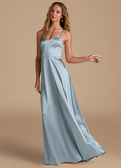 Azazie Mei Robes de demoiselle d'honneur Robe Trapèze en Satiné métallisé Bleu Poussiéreux image4