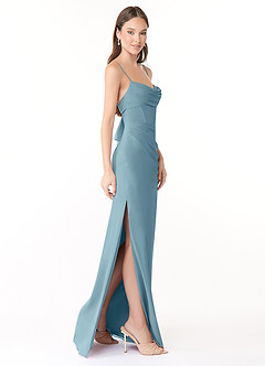 Azazie Mai Robes de demoiselle d'honneur Robe Fourreau en Mousseline de soie Plissée Bleu Maussade image3