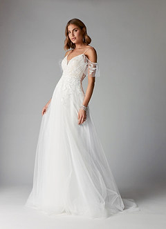 Azazie Iva Wedding Dresses A-Line V-Neck Sequins Tulle Chapel Train Dress image4