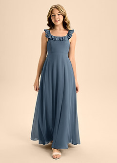 Azazie Callie Junior A-Linie Gestreift Chiffon Kleid Neptunblau image4