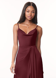 Azazie Brielle Bridesmaid Dresses Cabernet A-Line Cowl Spaghetti Straps Stretch Satin Dress image4