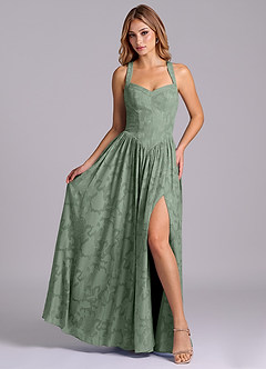 Azazie Francis Vestidos de damas de honor Vestido de Matcha de Devorado Floral de Corte en A con Corsé image4