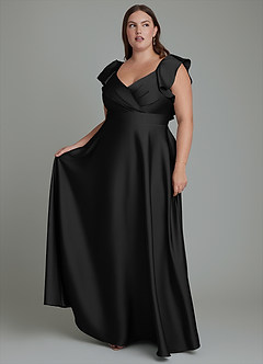 Azazie Leilani Bridesmaid Dresses Black A-Line Ruched Stretch Satin Dress image1