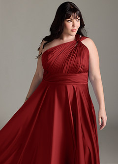 Azazie Charlize Bridesmaid Dresses Pomegranate A-Line One Shoulder Stretch Satin Dress image15