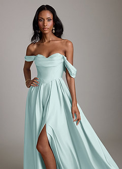 Azazie Loisa Abiti da Damigella Abito A-Line in Raso Elasticizzato a Spalla Scoperta Nebbia image10