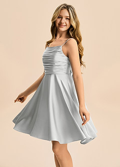 Azazie Miko Junior Silver A-Line Pleated Stretch Satin Dress image7