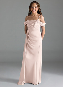 Azazie Amyra Junior Blushing Pink Sheath Off the Shoulder Stretch Satin Dress image4