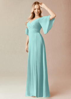 Azazie Cierra Brautjungfernkleider A-Linie V-Hals Chiffon Kleid Aqua image4