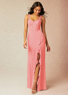 Azazie Camellia Bridesmaid Dresses Coral Sheath Lace Chiffon Dress image1
