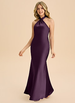 Azazie Chickie Junior 쉬스 주름진 스트레치 새틴 플로어 길이 주니어 신부 들러리 드레스 image5