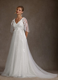 Azazie Renesmee Vestidos de novia Vestido Diamante Blanco de Tul de Línea A con Lentejuelas image4