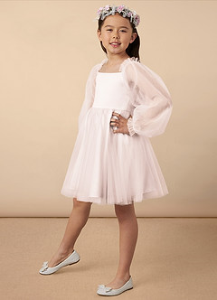 Azazie Aya Robe Demoiselle D'honneur Fillette Robe Trapèze en Tulle avec manches Rose Pétale image2