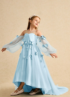 Azazie Karrie Abiti da Ragazza di Fiori Abito A-Line in Tulle Con Maniche Azzurro image5