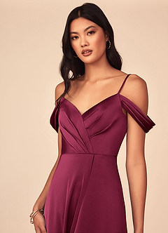 Azazie Ocean At-home Try On Dresses Rosette A-Line V-Neck Pleated Stretch Satin Dress image2