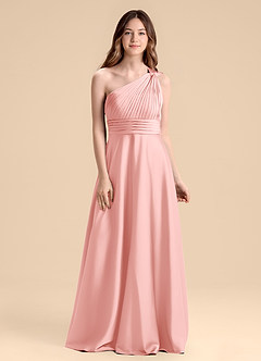 Azazie Charlize Junior Powder Pink A-Line Pleated Stretch Satin Dress image2