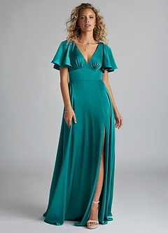 Azazie Kimber Bridesmaid Dresses Teal A-Line Ruched Stretch Satin Dress image3