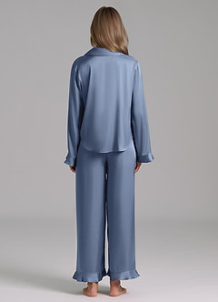 front Matching Color Ruffled Satin Long Sleeve Pajama Set