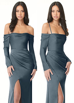Azazie Hallie Vestidos de damas de honor Vestido de Crepúsculo de Satén Elástico de Corte Sirena Convertible con Manga larga con hombros descubiertos image8