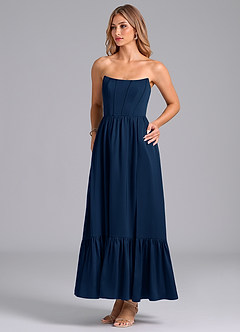 Azazie Leilana Bridesmaid Dresses Dark Navy A-Line Corset Stretch Satin Dress image5