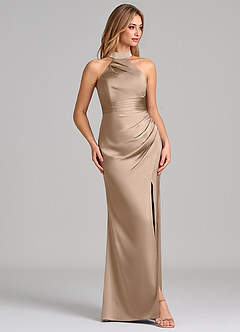 Azazie Karlotta Robes de demoiselle d'honneur Robe Fourreau en Satin extensible Plissée Taupe image5