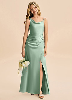 Azazie Abby Junior Agave Sheath Pleated Stretch Satin Dress image1