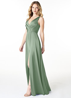 Azazie Nelly Bridesmaid Dresses Matcha A-Line V-Neck Pleated Stretch Satin Dress image3