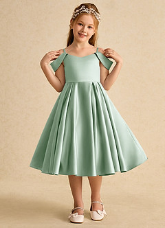 Azazie Favia Flower Girl Dresses Agave A-Line Off the Shoulder Matte Satin Dress image4