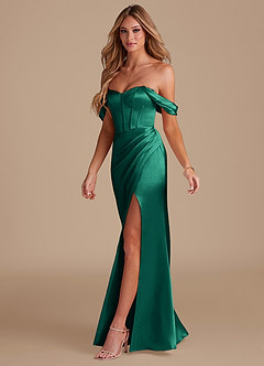 Azazie Asha Bridesmaid Dresses Emerald Sheath Off the Shoulder Metallic Satin Dress image3